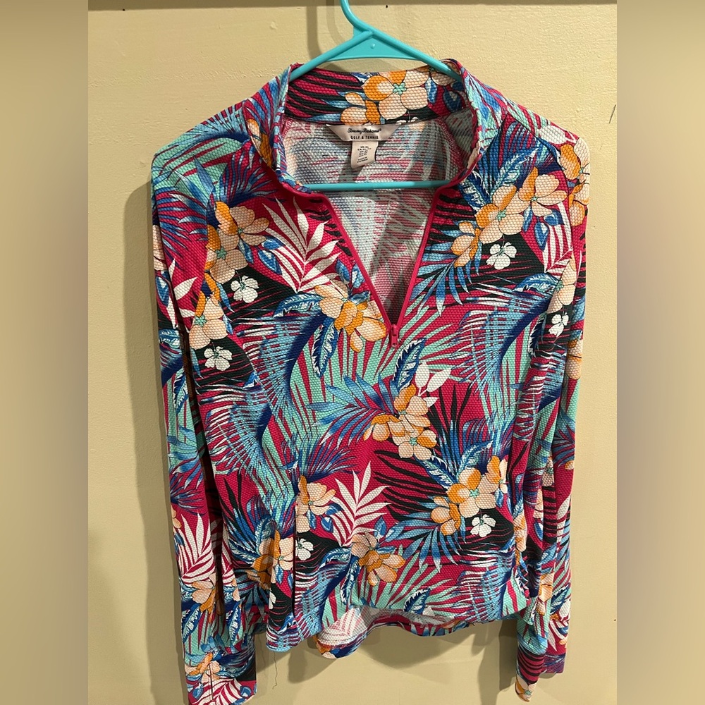 Tommy Bahama Golf Tennis Quarter Zip Pullover Top  XL Tropical Floral Pink